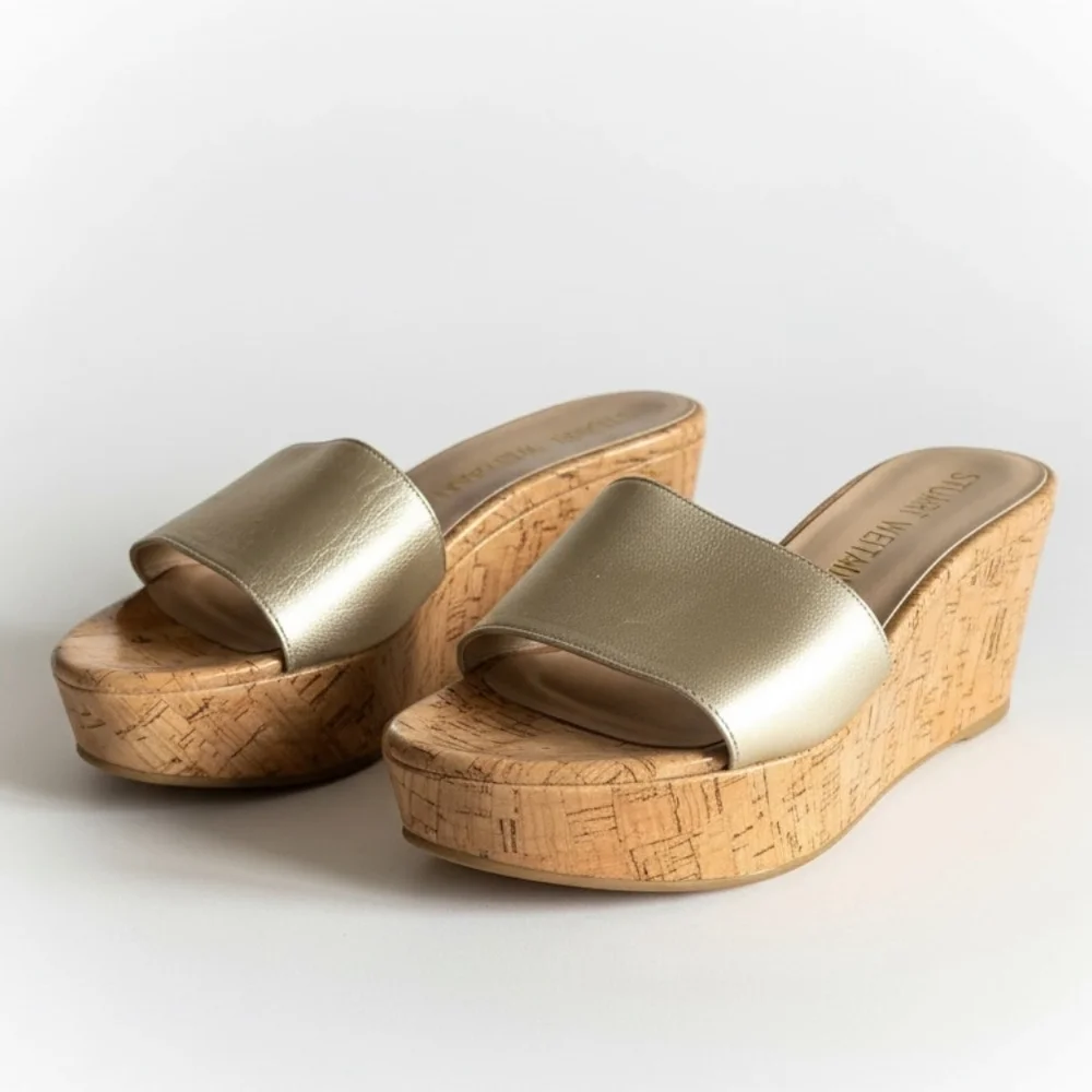 Women's Stuart Weitzman Gold Cork Wedge Platform Sandals Shoes 7.5 - Picture 2 of 7